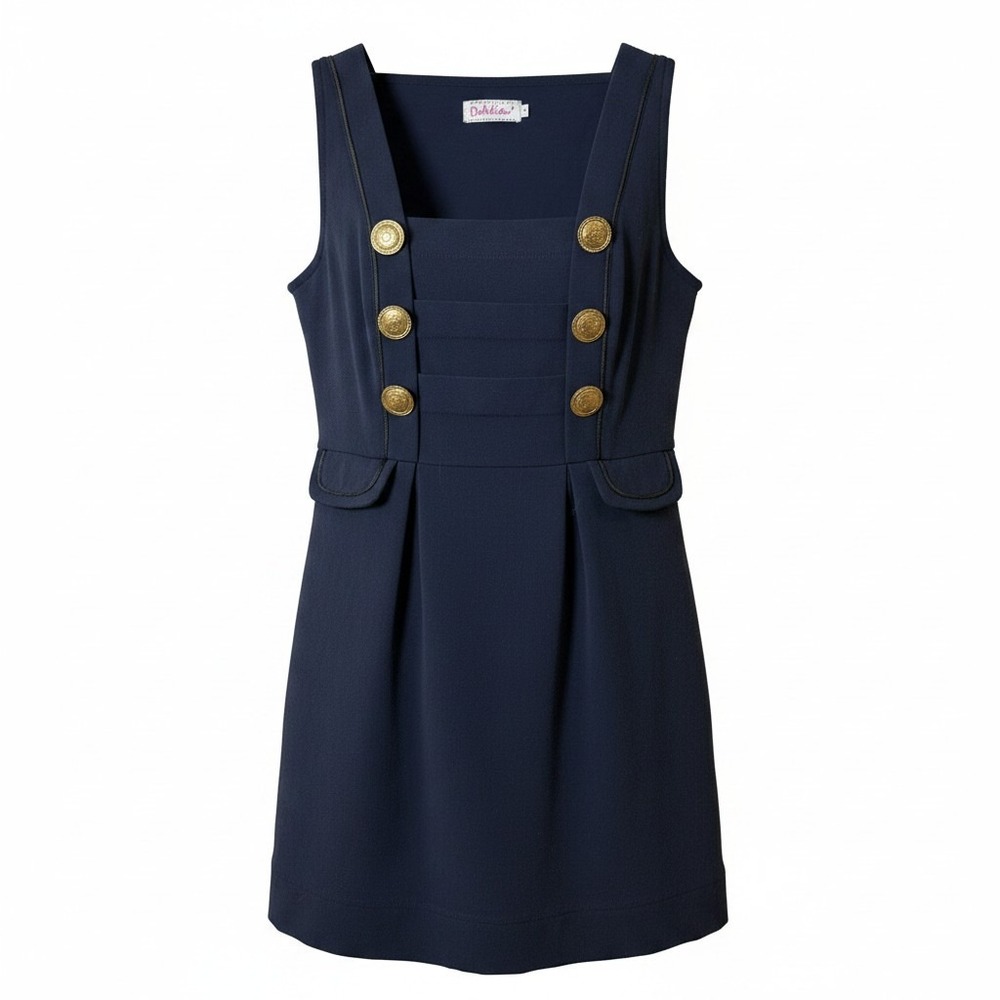 Dahlia Women Pinafore Dress‎ S Navy Gold Crest Button Preppy Mod Dark Academia